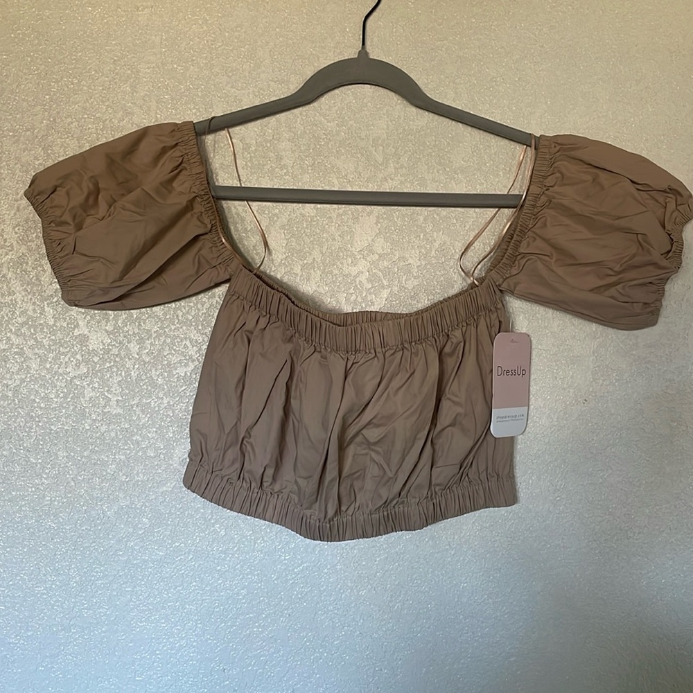 Crescent taupe off the shoulder women’s crop top